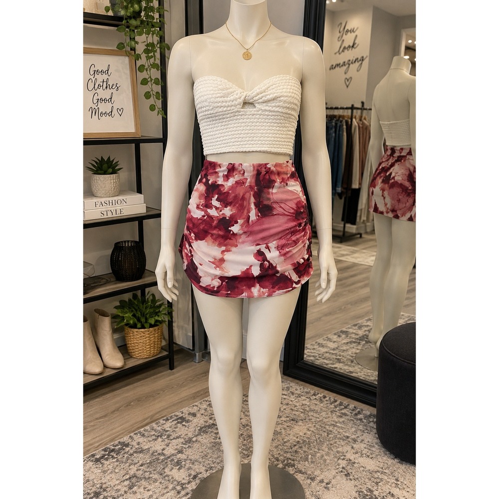 Pull&Bear Y2K Floral Mini Skirt + Textured Bandeau Top XS/S